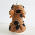 Polka dot pattern pet clothing showing skirt dress and four-legged jumpsuit styles for cats and dogs