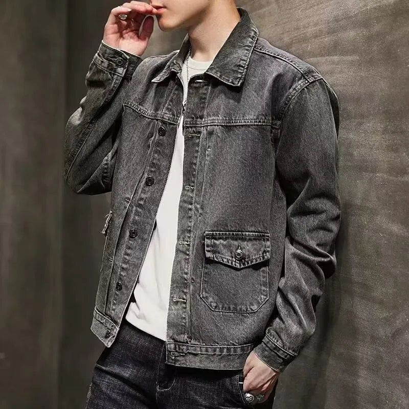 Black and gray Korean-style short denim coat jacket with side pockets and straight hem