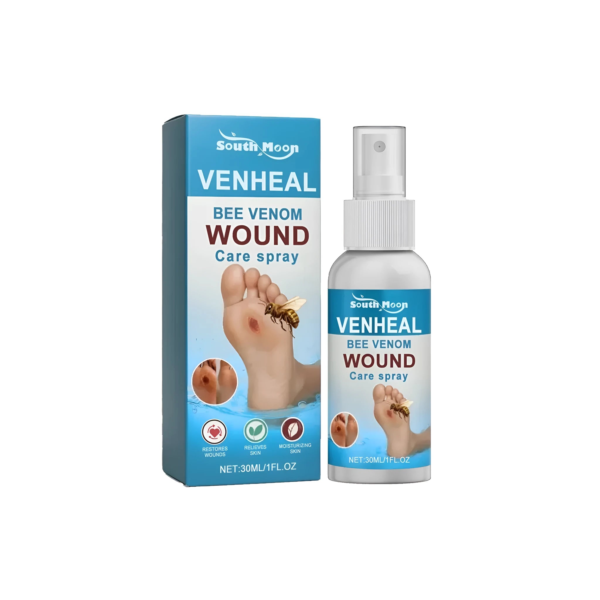 30ml plastic bottle of diabetes wound care spray with pump dispenser.