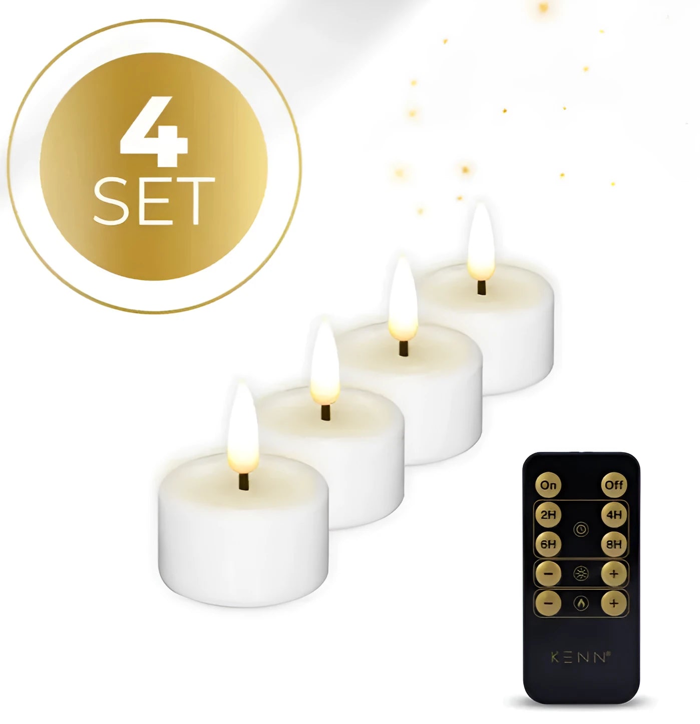 Pack of four white LED tealight candles showing flickering flame effect.
