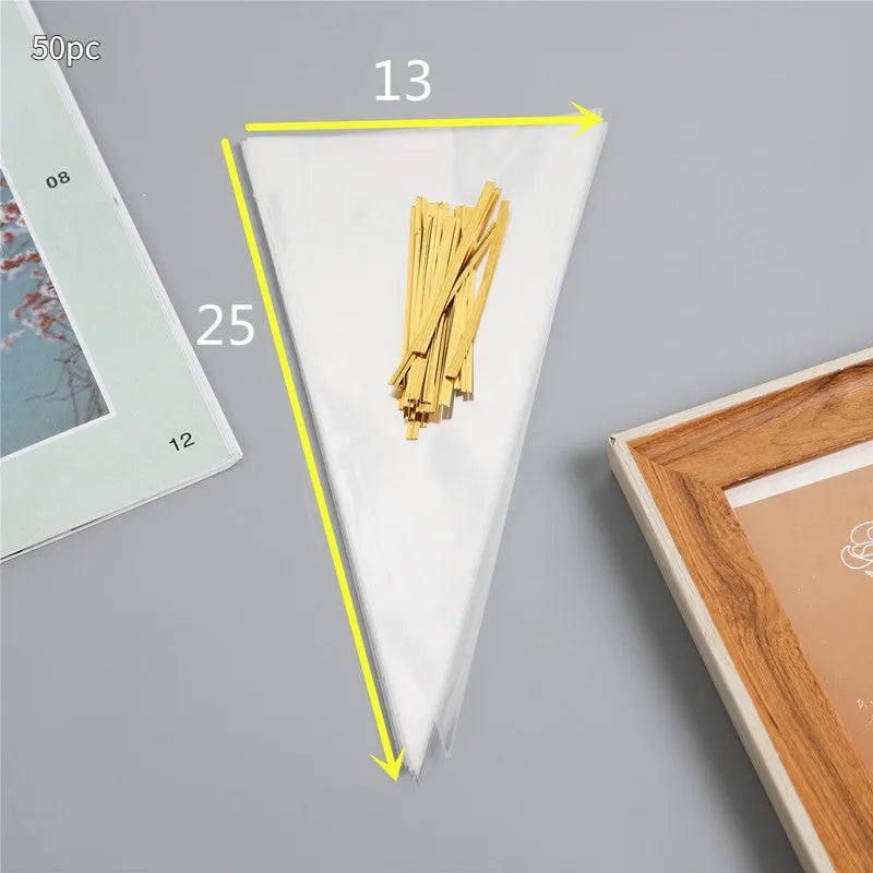 Triangle clear plastic packaging bags with metal wire ties in three different sizes