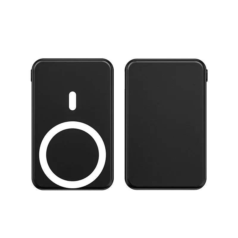 Magnetic wireless charging power bank with folding stand unfolded, shown in navy blue colour.