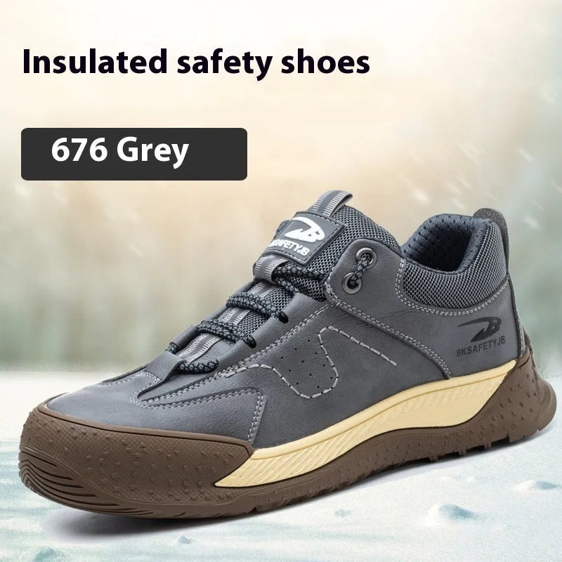 Flyknit leather work shoes with a rubber sole in black, shown on a size 42 foot.