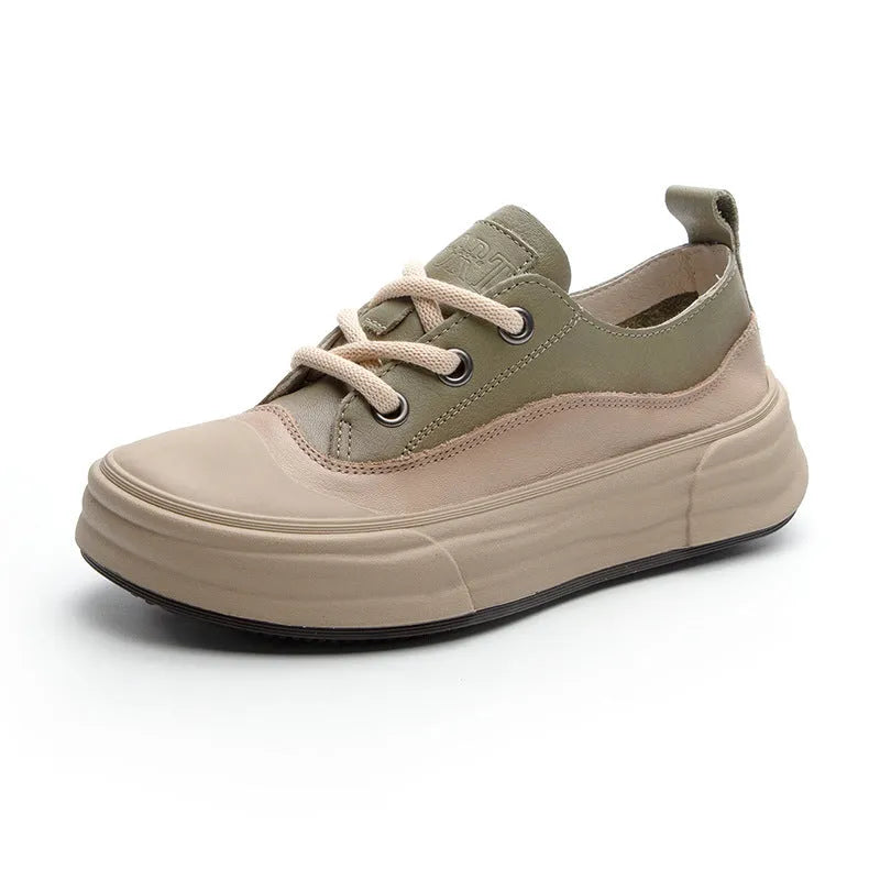 Women's leather platform sneakers in matcha green, purple, and orange colours with lace-up front and round toe