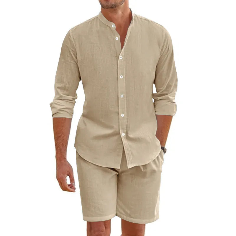 Men's summer short sleeve shirt and drawstring shorts set in hemp blend fabric