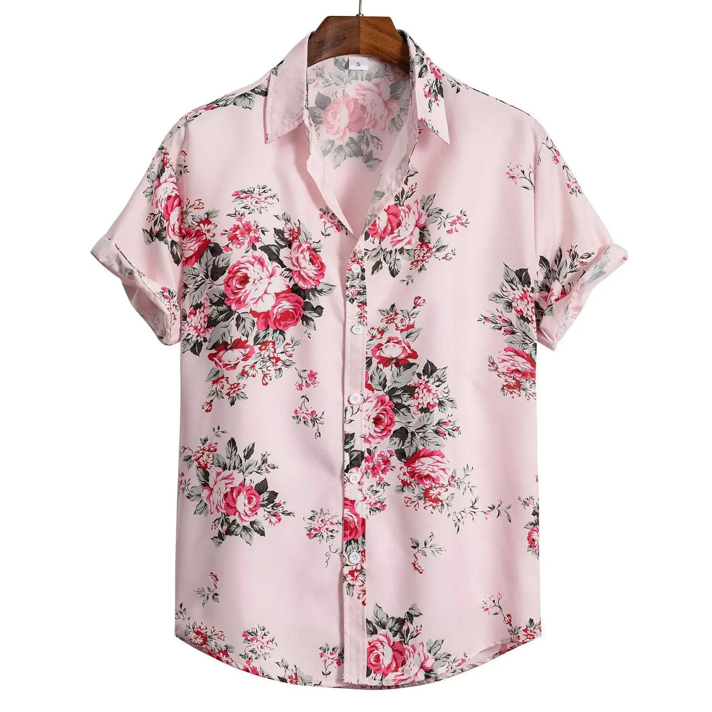 Men's floral art print short sleeve shirt in polyester, sizes S to 3XL, casual leisure top