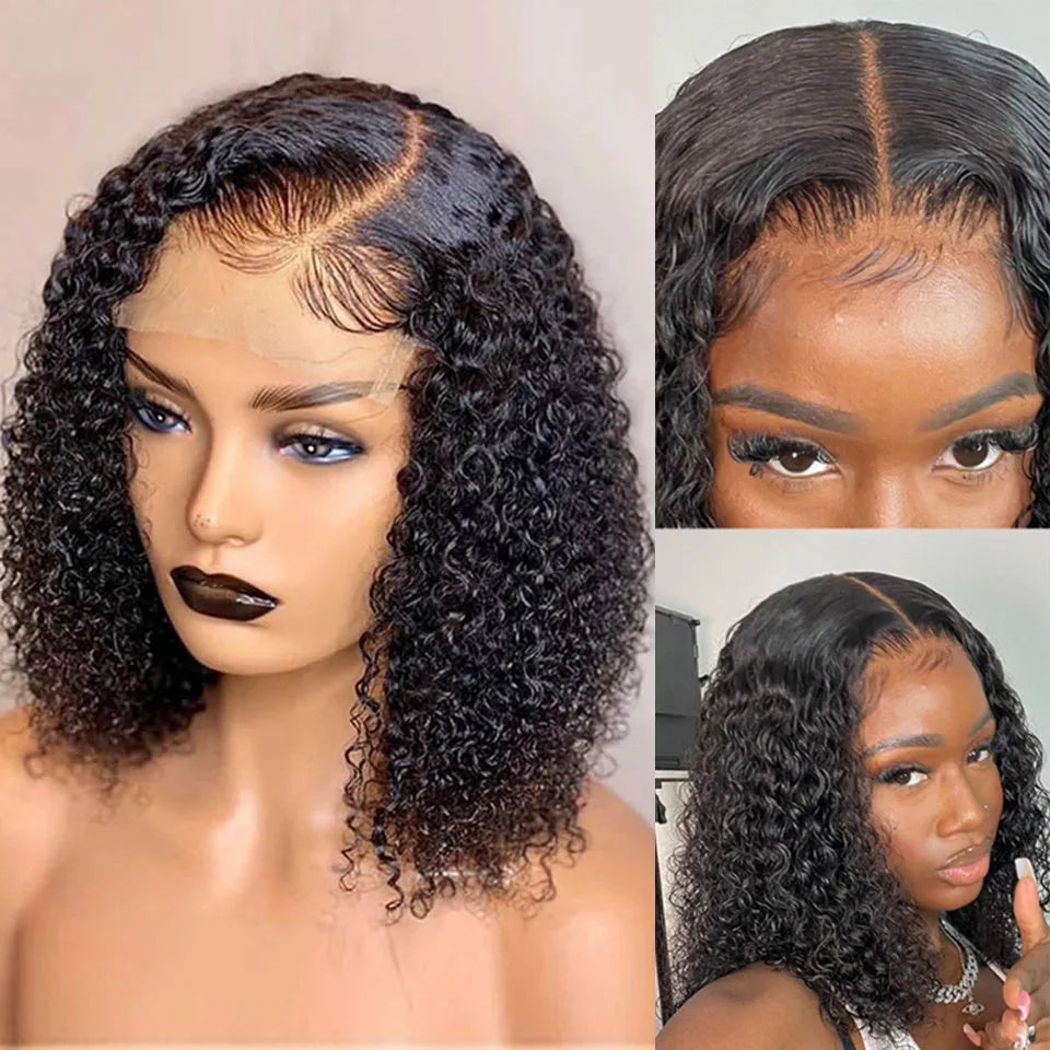 Deep wave lace front human hair wig with transparent curly texture and pre-plucked baby hair on a mannequin head