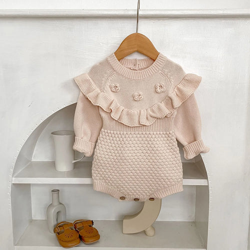 Baby hand crocheted flower pineapple plaid knitted wool long sleeve jumpsuit in stone powder colour