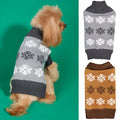 Grey knitted dog Christmas sweater with snowflake pattern showing size range from XXS to XL