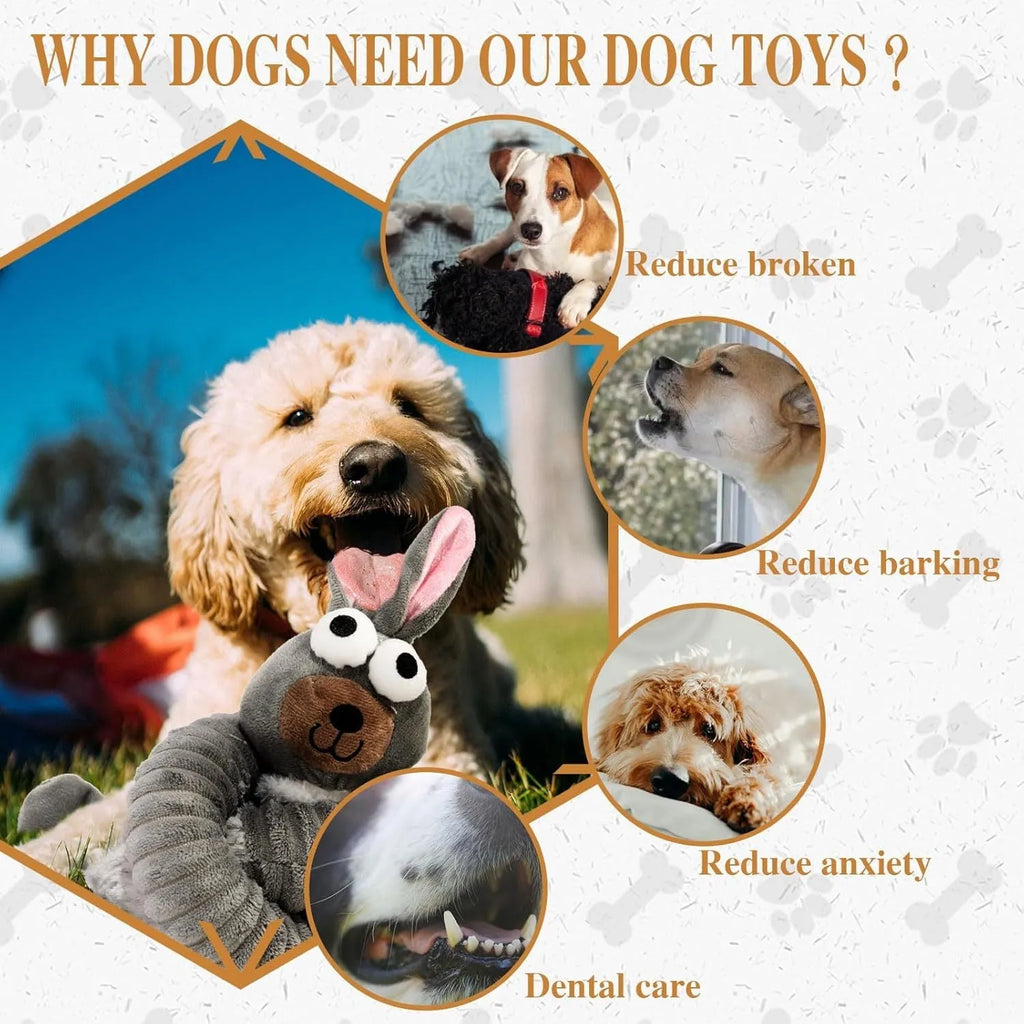 Plush squeaky dog toy with crinkle elements in brown colour for small medium large dogs