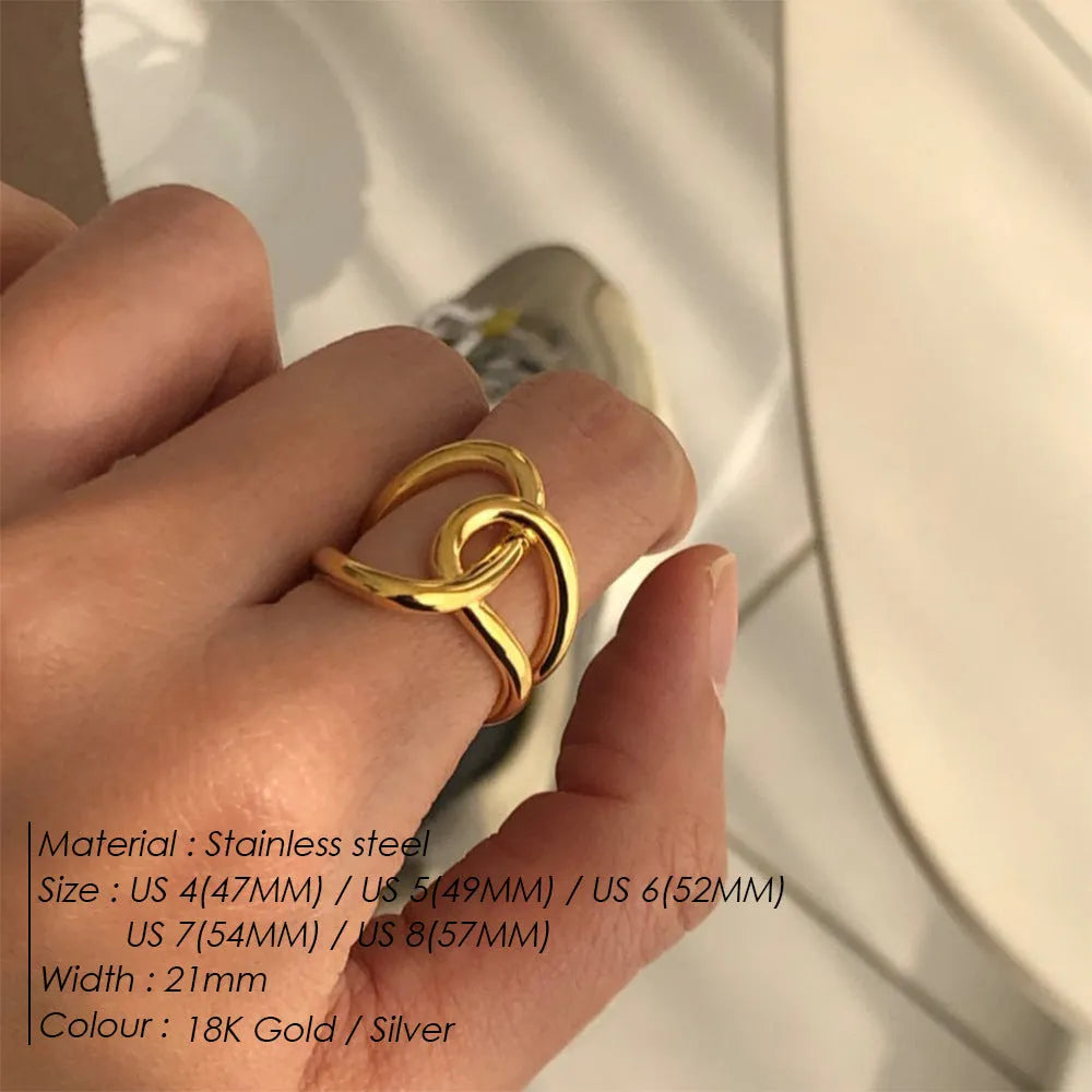 Adjustable geometric U-shaped ring with knotted design in stainless steel available in five sizes