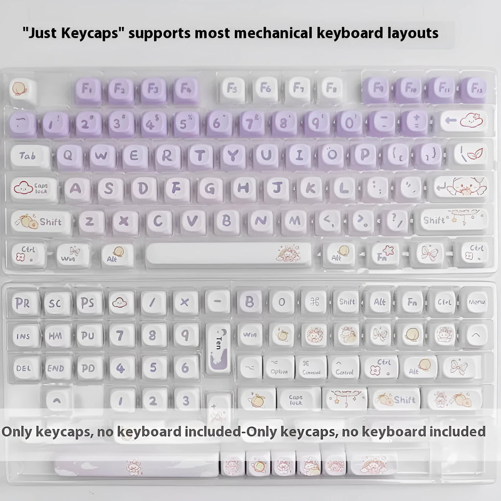 Set of purple gradient key caps with a rabbit graphic, shown on a mechanical keyboard.