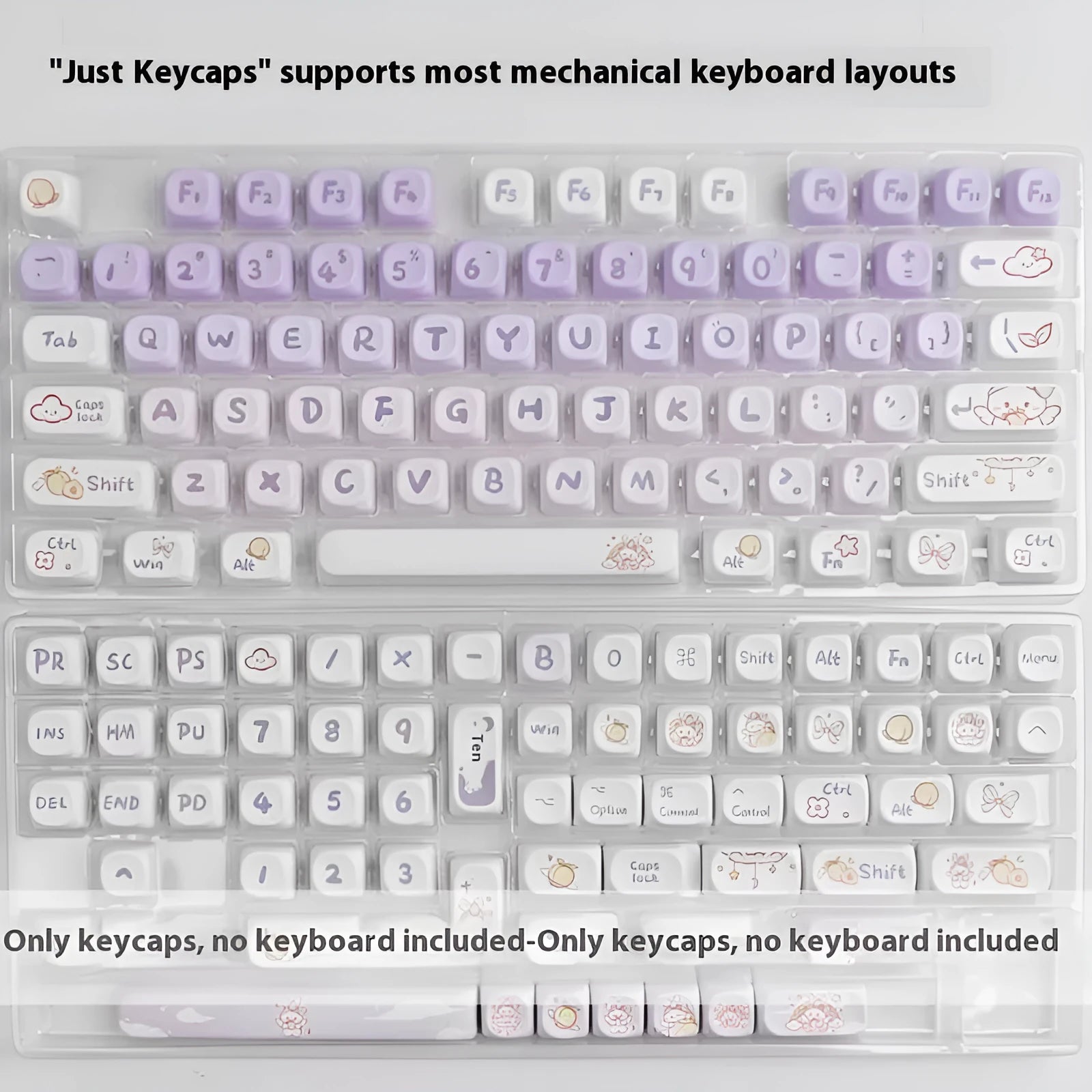 Set of purple gradient key caps with a rabbit graphic, shown on a mechanical keyboard.
