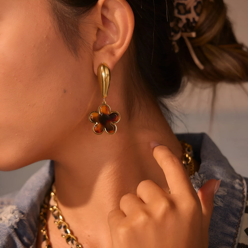 Tortoiseshell resin hawksbill colour earrings with 18K gold plating on stainless steel in heart-shaped and floral geometric designs