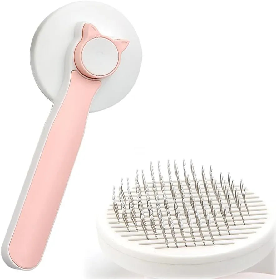 Blue self-cleaning cat and dog grooming brush with rubber-tipped pins and a non-slip rubber handle.