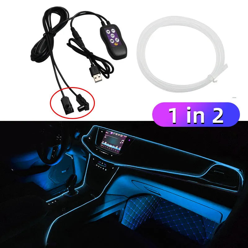 Car interior LED atmosphere lighting strip with colourful colour changing effects installed along dashboard