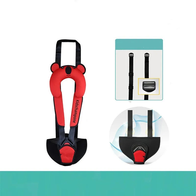 Portable child car seat belt retainer in polyester fabric showing dimensions and colour options