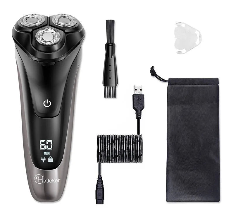 Black electric shaver with three rotating heads, pop-up sideburn trimmer, USB charging cable, and cleaning brush on a grey background.