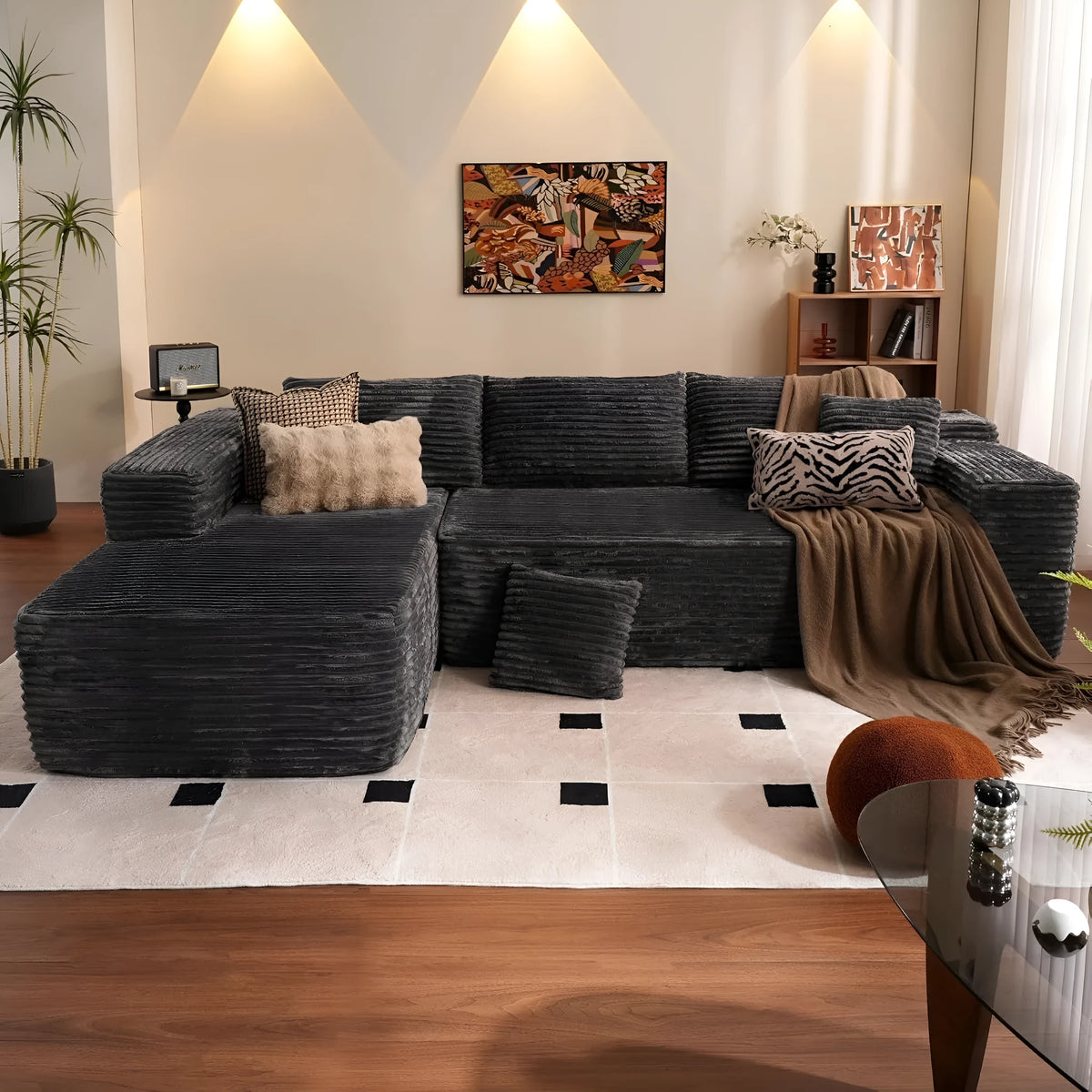 Installation-free flannel sofa in minimalist modern style, available in six colours for living room, hotel, office, or exhibition hall use.
