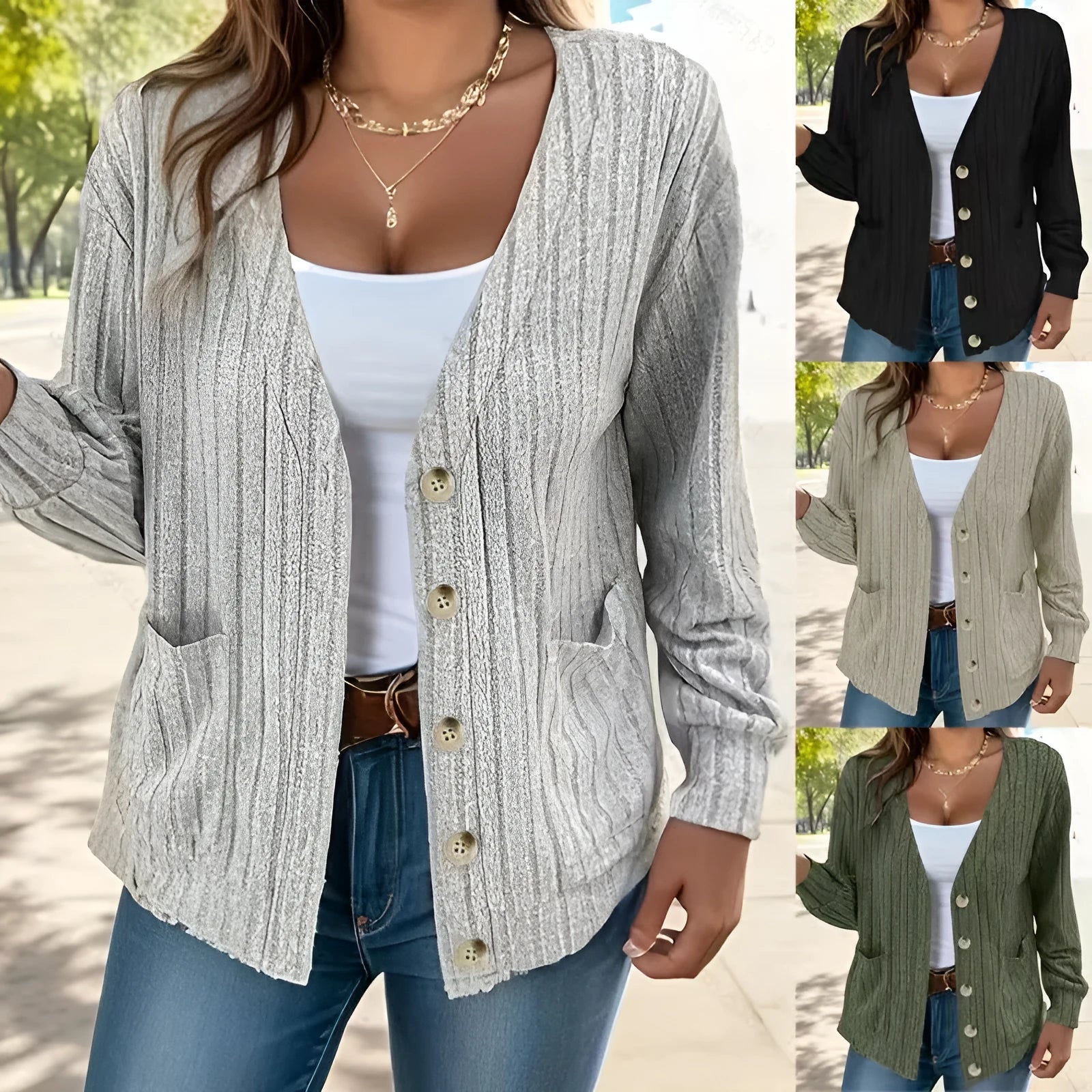 Women's loose fit V-neck long sleeve button front cardigan in light gray, available in sizes S to 5XL