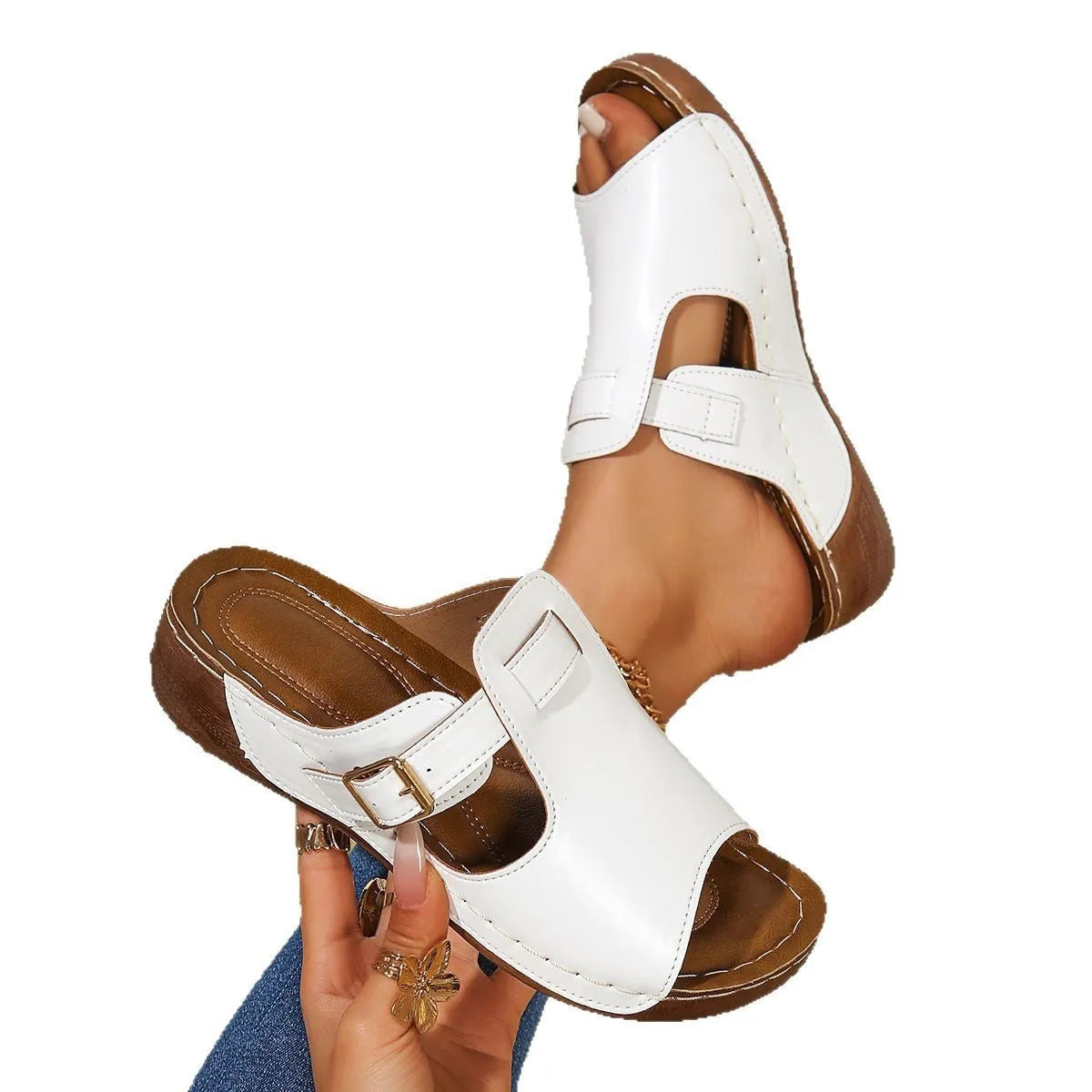 Roman women's magic stick slippers with fish mouth toe in light pink, showing PU upper and EVA sole.