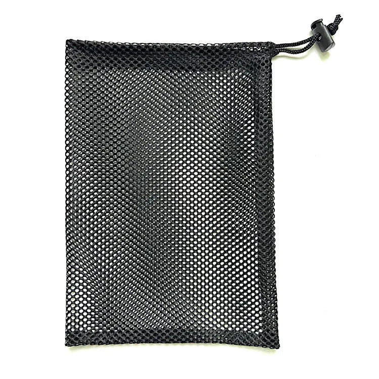 Black drawstring mesh storage bag shown in three size options for water ball toys.