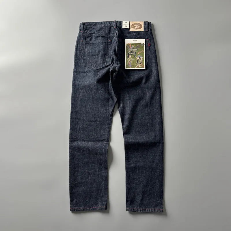 Men's straight leg denim trousers in primary colour with mid waist and American retro styling