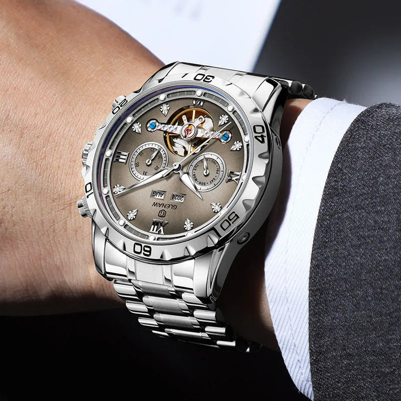 Men's automatic mechanical watch with stainless steel strap showing multiple colour variations