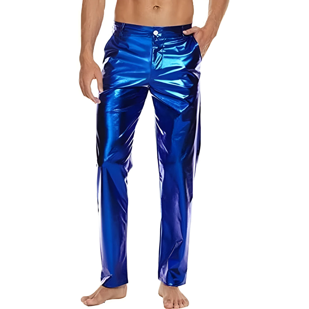 Shiny wet-look disco pants, straight leg capri style, in silver with high elastic waistband