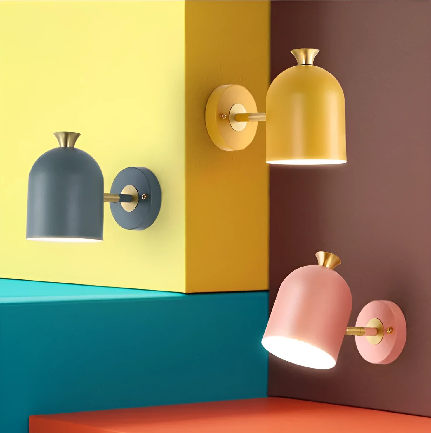 Single-head aluminium bedside wall lamp in a choice of yellow, green, blue, or pink colours.