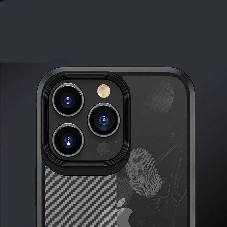 Black iPhone 13 protective case with carbon fibre pattern showing back and side view