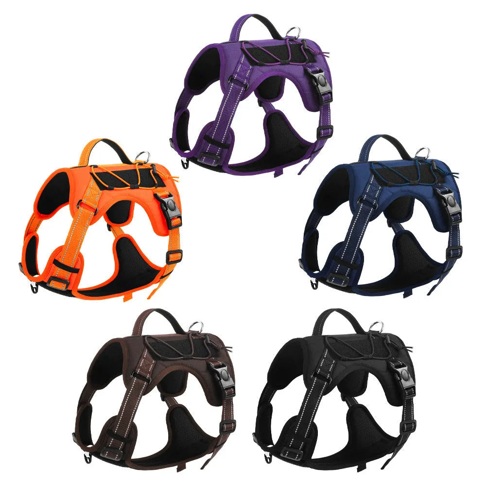 Reflective dog harness with hand-holding rope in adjustable sizes and multiple colour options