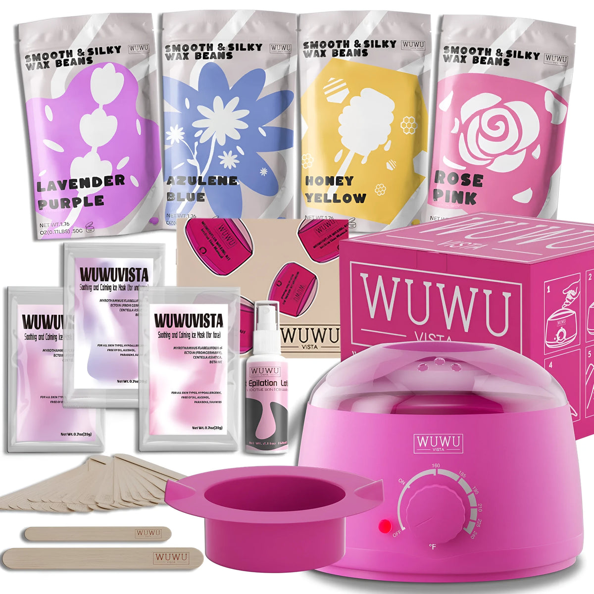 29-piece hard wax hair removal kit with compact warmer, wax beads, sticks and aftercare products