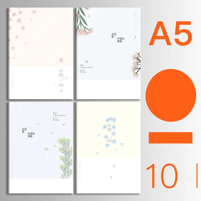Pack of 10 A5 and B5 soft cover kraft paper notebooks with various designs, showing thread binding.