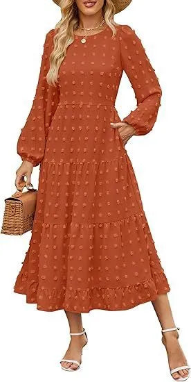 Beige women's high-waisted long sleeve dress with ruffled sleeves on a hanger.