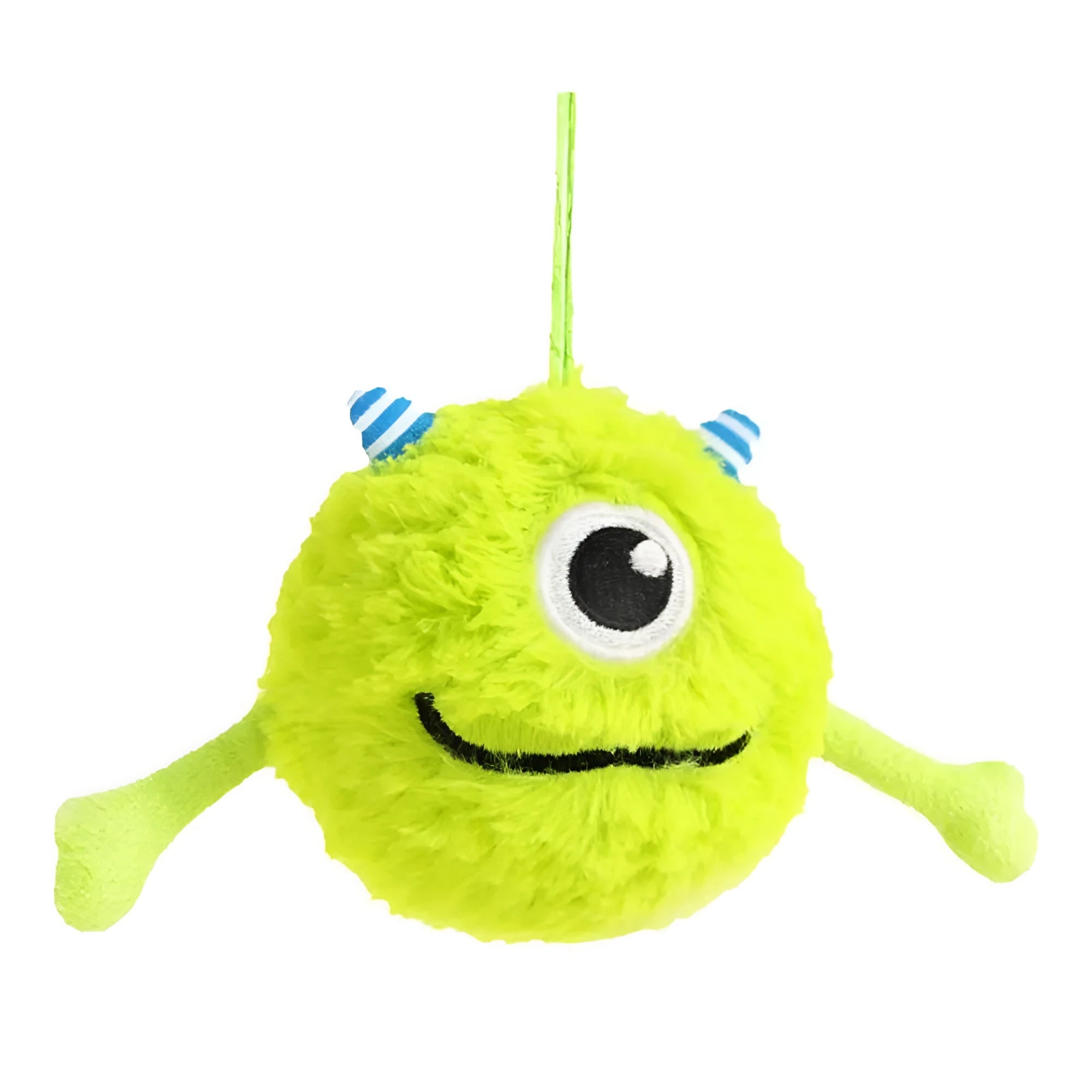 Green plush and TPR puppy teething ball with squeaker, 12 cm diameter