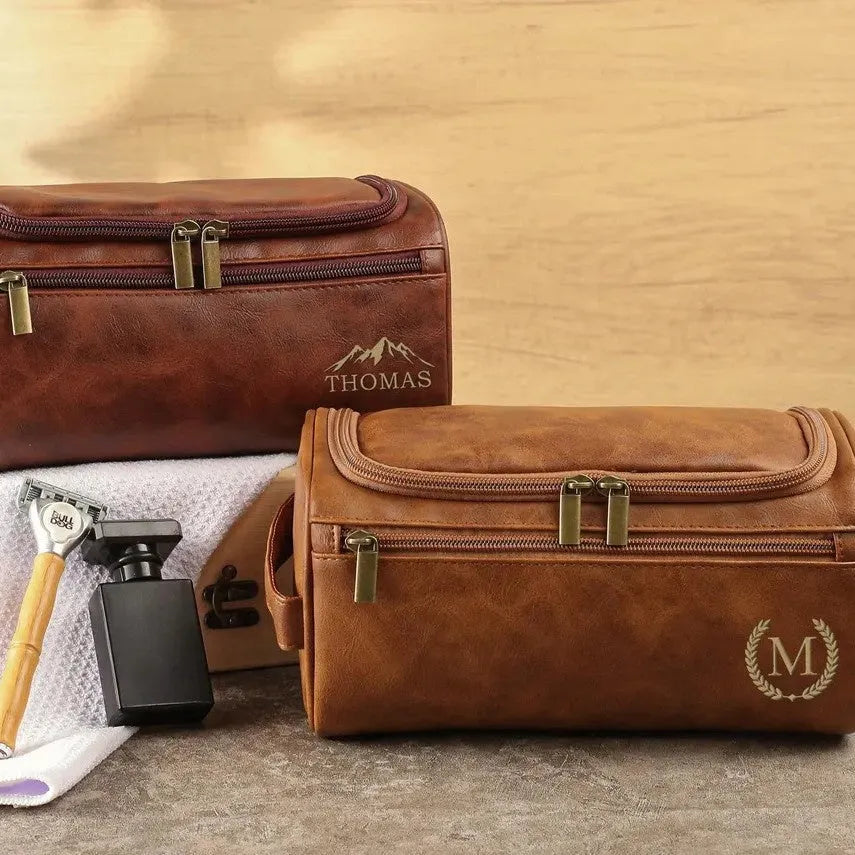 Men's black PU leather travel toiletry bag for storage