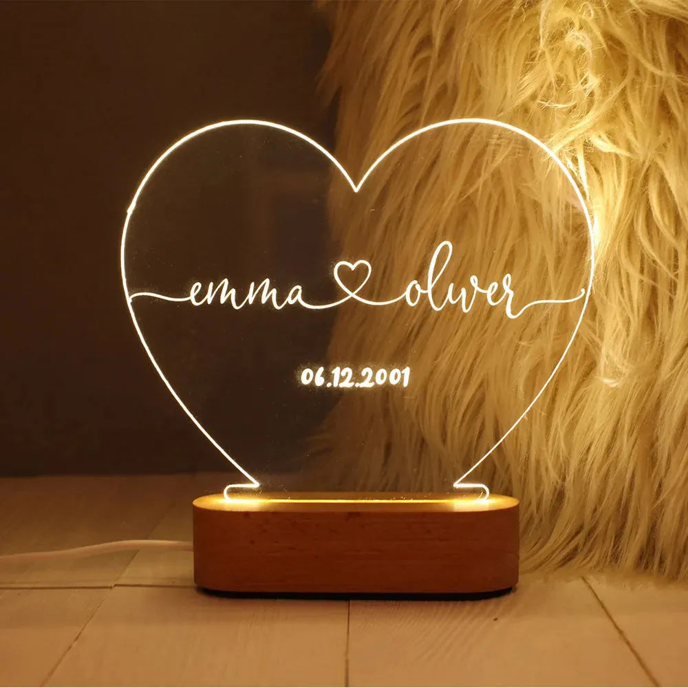 Custom acrylic LED night light with personalised names and date for couples