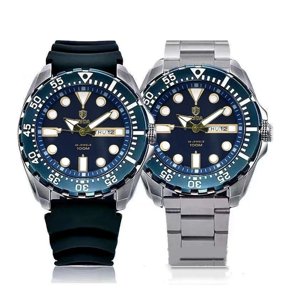 Men's waterproof luminous quartz sports watch with blue dial and steel bracelet