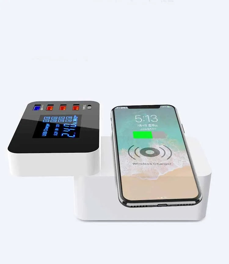 White multi-port USB fast charger with wireless charging pad and EU, UK, US plug adapters on a desk.