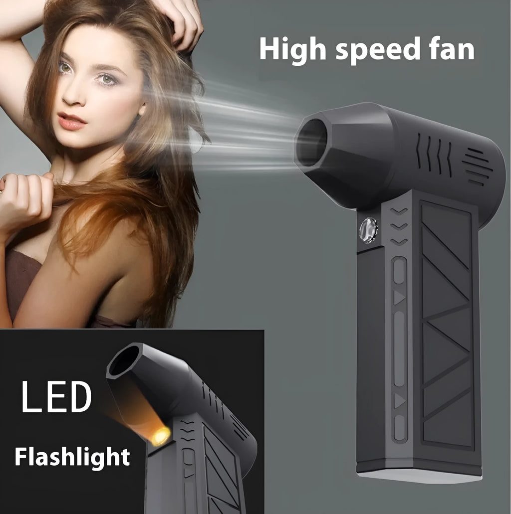 Mini handheld black dust blower with brushless motor, four speed settings, and compact 130x78x38mm size on a desk