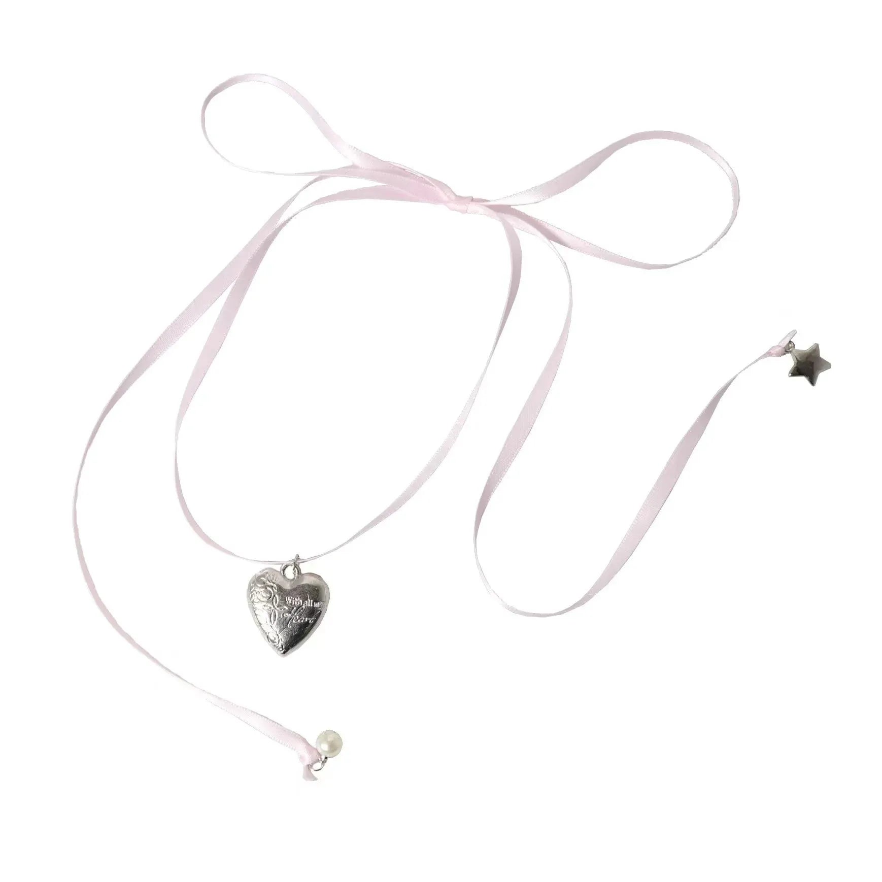 Women's alloy fashion necklace with love pendant and ribbon detail on clavicle chain