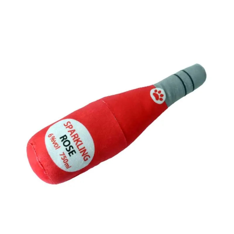 Soft plush dog toy shaped like a colourful wine bottle for gentle chew play.