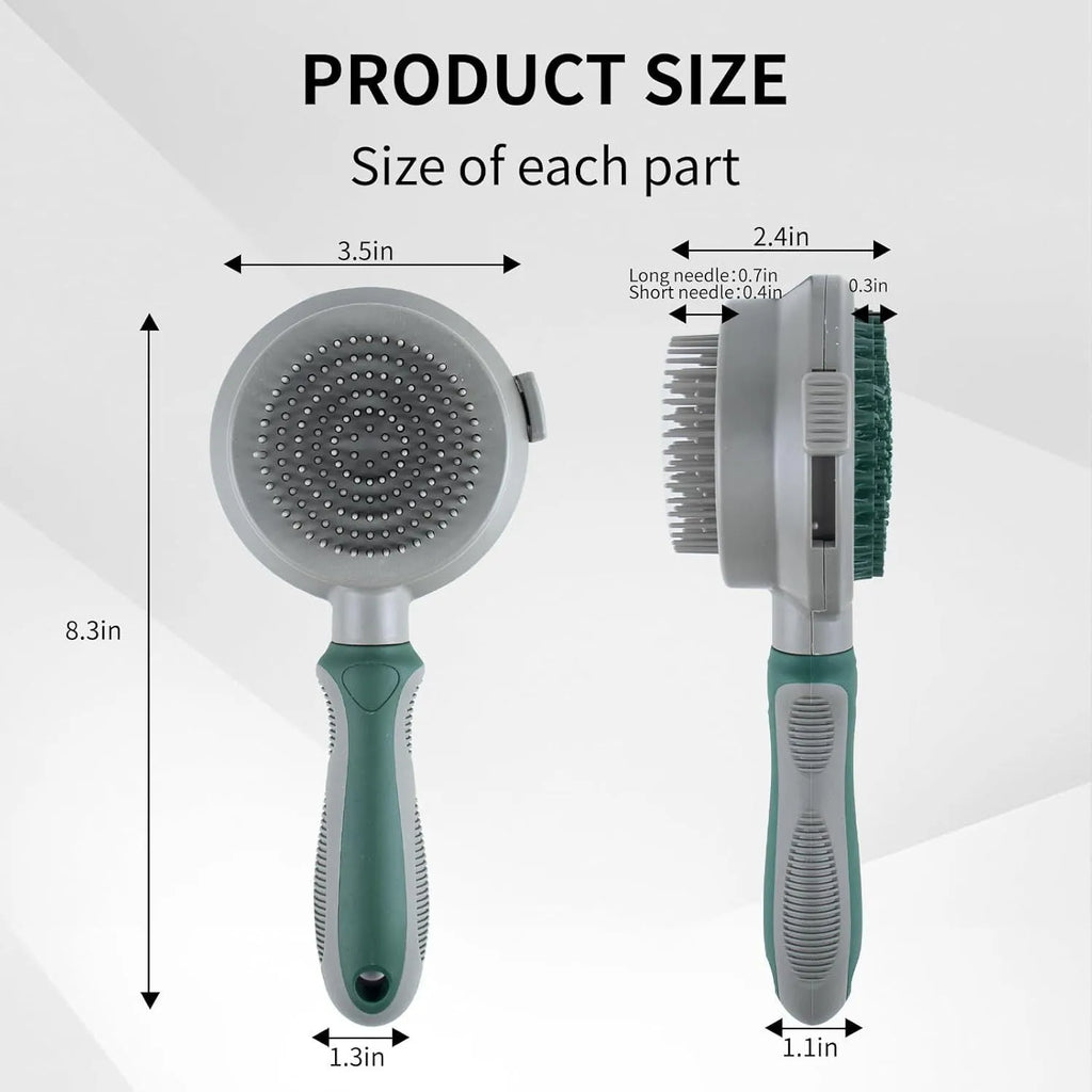 Green and pink dual-sided pet brush with slicker pins on one side and silicone massage pins on the other