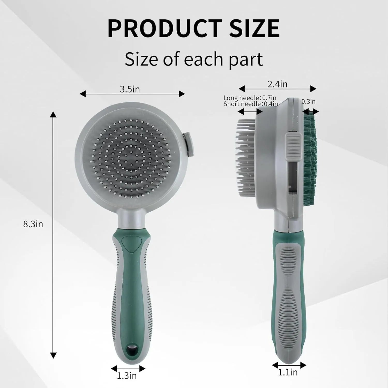 Green and pink dual-sided pet brush with slicker pins on one side and silicone massage pins on the other