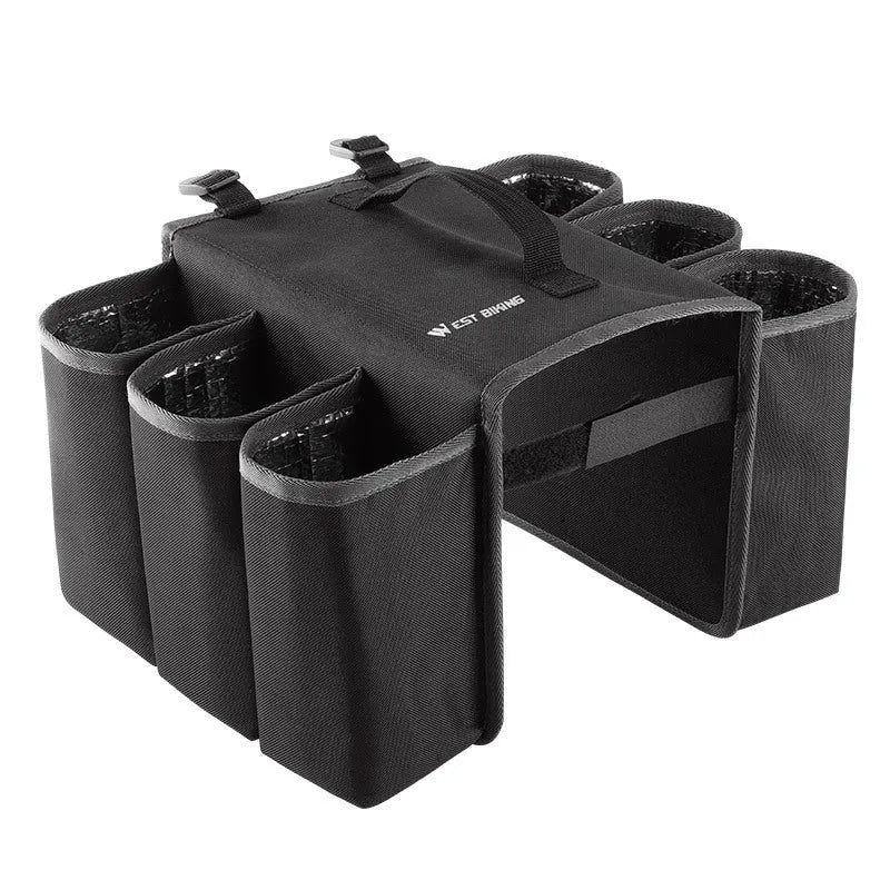 Black and orange double-sided bicycle drink storage bag mounted on a bike rack.