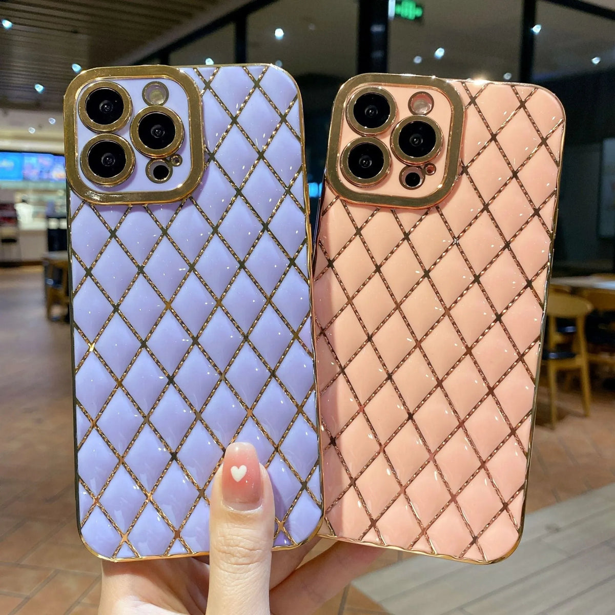 Electroplated 6D diamond TPU phone case back cover for compatible iPhone models in black, white, green, pink or purple.