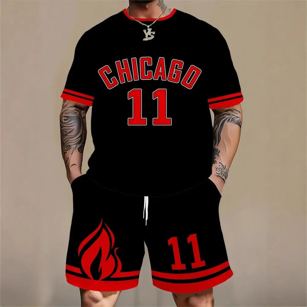Men's grey sports suit with 3D printed letter design on short sleeve top and matching shorts