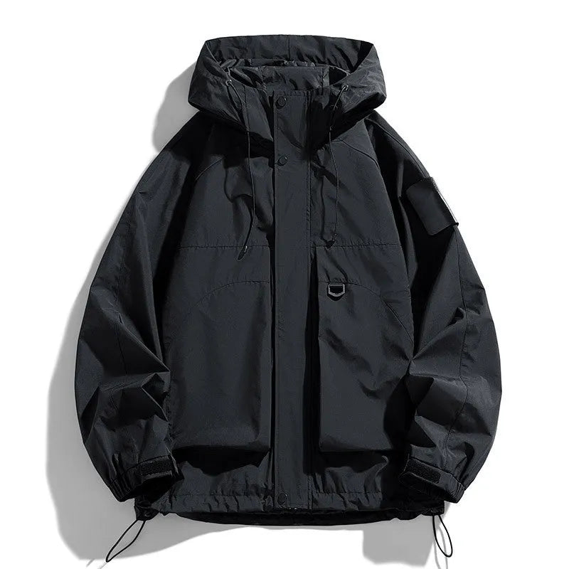 Men's black waterproof windproof hooded jacket made from polyester blend fabric.