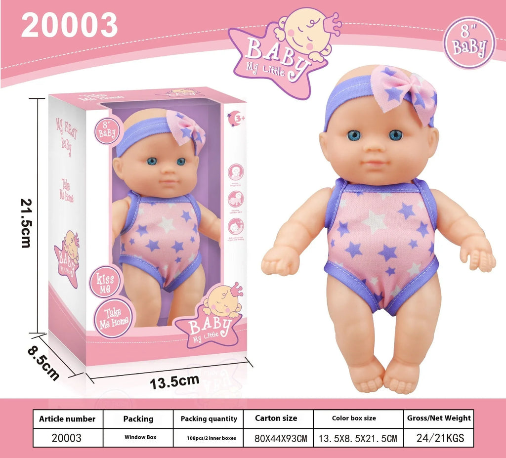 Simulation baby vinyl figurine doll in colour box packaging, 21.5cm tall, realistic design